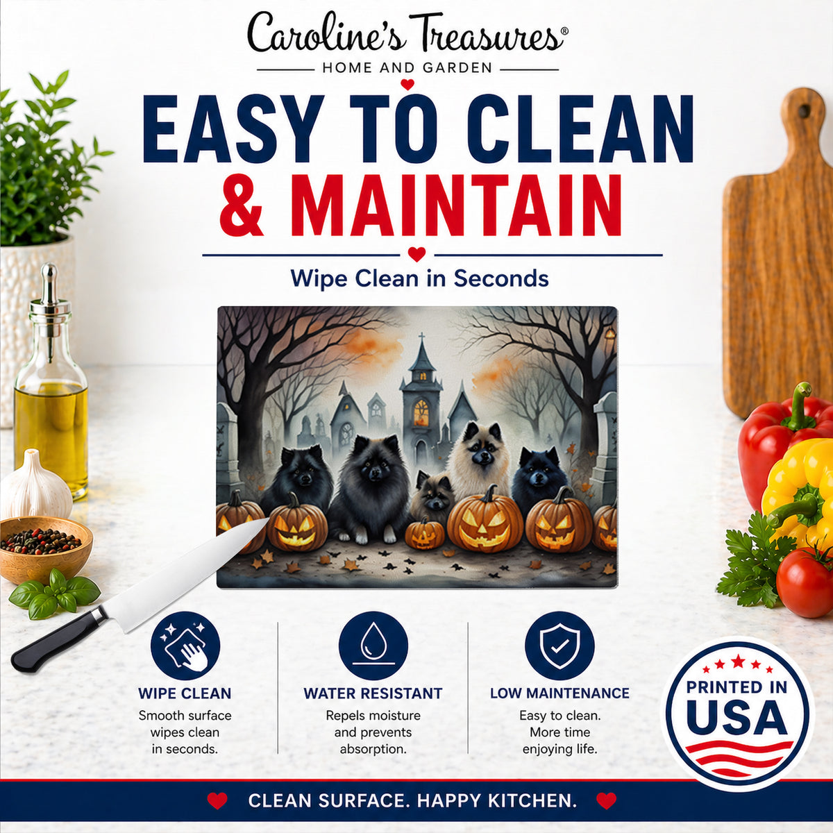 Caroline's Treasures DAC2046LCB Keeshond Spooky Halloween Glass Cutting Board Large Decorative Tempered Glass Kitchen Cutting and Serving Board Large Size Chopping Board