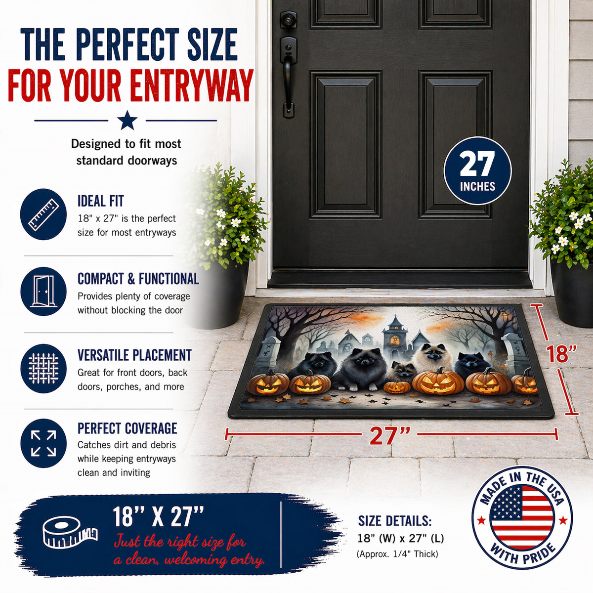 Caroline's Treasures DAC2046MAT Keeshond Spooky Halloween Doormat 18x27 Front Door Mat Indoor Outdoor Rugs for Entryway, Non Slip Washable Low Pile, 18H X 27W
