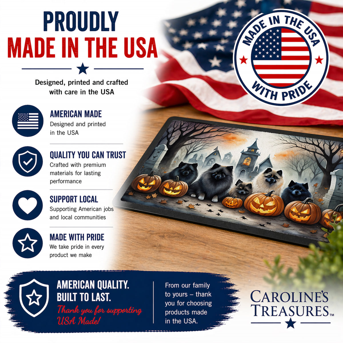 Caroline's Treasures DAC2046MAT Keeshond Spooky Halloween Doormat 18x27 Front Door Mat Indoor Outdoor Rugs for Entryway, Non Slip Washable Low Pile, 18H X 27W