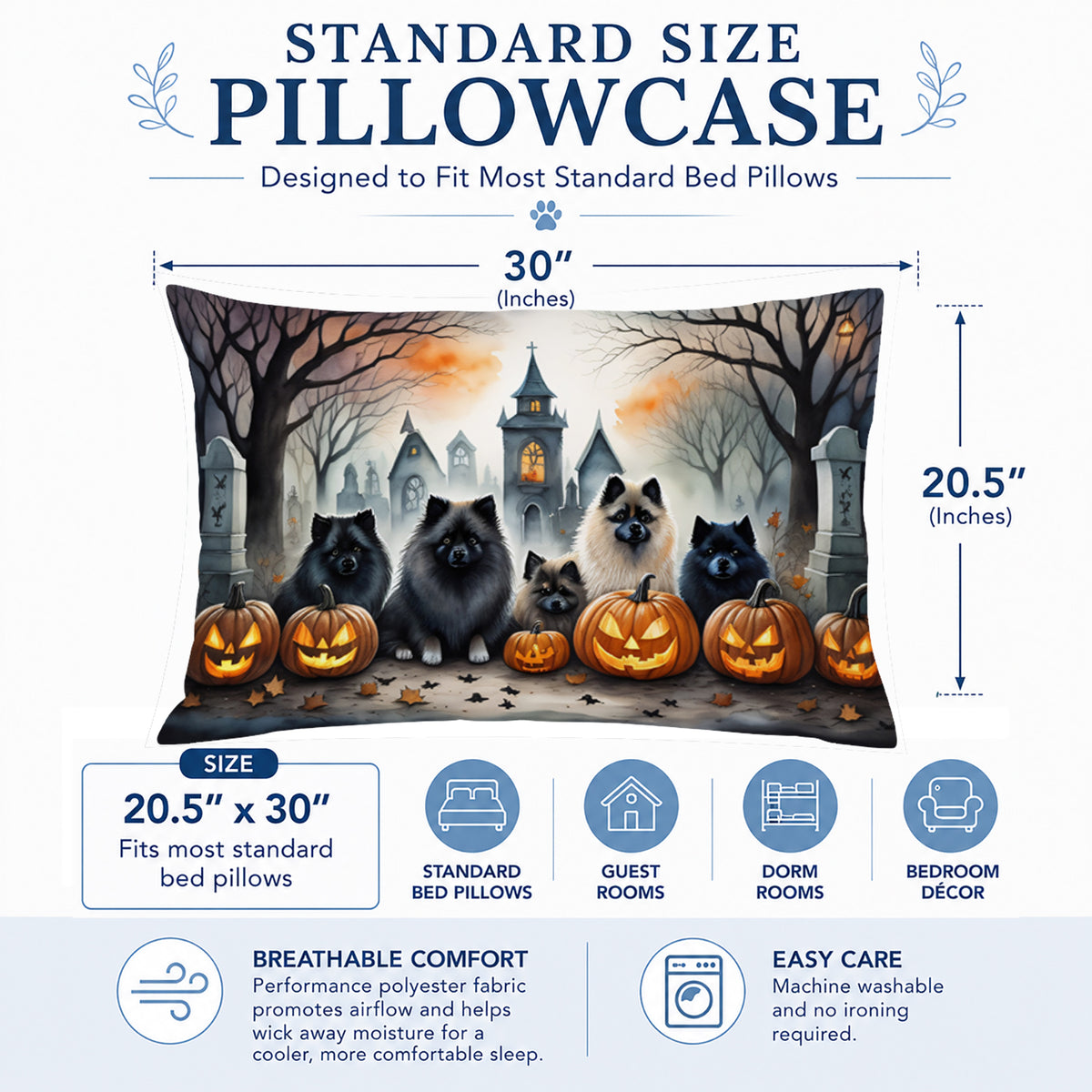 Caroline's Treasures DAC2046PILLOWCASE Keeshond Spooky Halloween Fabric Standard Pillowcase Lightweight Super Soft Easy Care Decorative Artwork Pillowcase, Standard