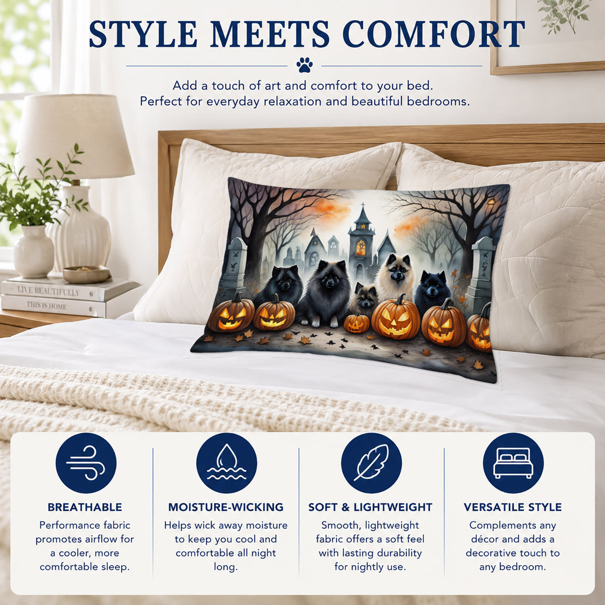 Caroline's Treasures DAC2046PILLOWCASE Keeshond Spooky Halloween Fabric Standard Pillowcase Lightweight Super Soft Easy Care Decorative Artwork Pillowcase, Standard
