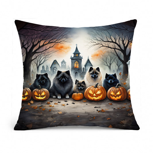 Caroline's Treasures DAC2046PW1414 Keeshond Spooky Halloween Fabric Decorative Pillow Machine Washable, Indoor Outdoor Decorative Pillow for Couch, Bed or Patio, 14Hx14W