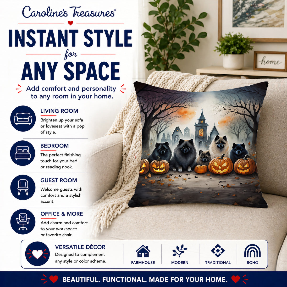 Caroline's Treasures DAC2046PW1414 Keeshond Spooky Halloween Fabric Decorative Pillow Machine Washable, Indoor Outdoor Decorative Pillow for Couch, Bed or Patio, 14Hx14W