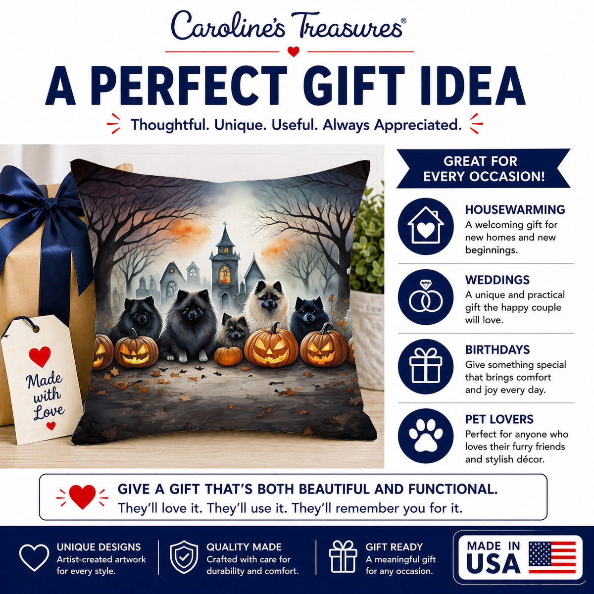 Caroline's Treasures DAC2046PW1414 Keeshond Spooky Halloween Fabric Decorative Pillow Machine Washable, Indoor Outdoor Decorative Pillow for Couch, Bed or Patio, 14Hx14W