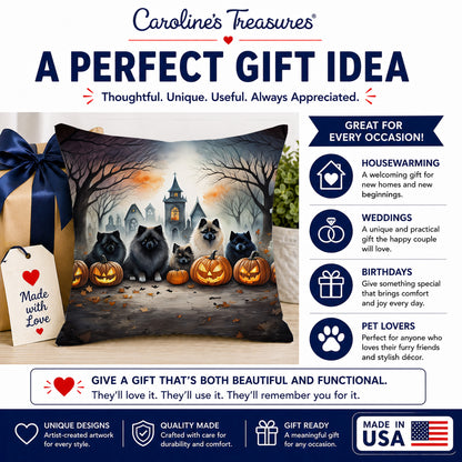 Caroline's Treasures DAC2046PW1414 Keeshond Spooky Halloween Fabric Decorative Pillow Machine Washable, Indoor Outdoor Decorative Pillow for Couch, Bed or Patio, 14Hx14W
