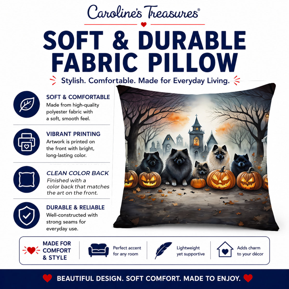 Caroline's Treasures DAC2046PW1818 Keeshond Spooky Halloween Fabric Decorative Pillow Machine Washable, Indoor Outdoor Decorative Pillow for Couch, Bed or Patio, 18Hx18W