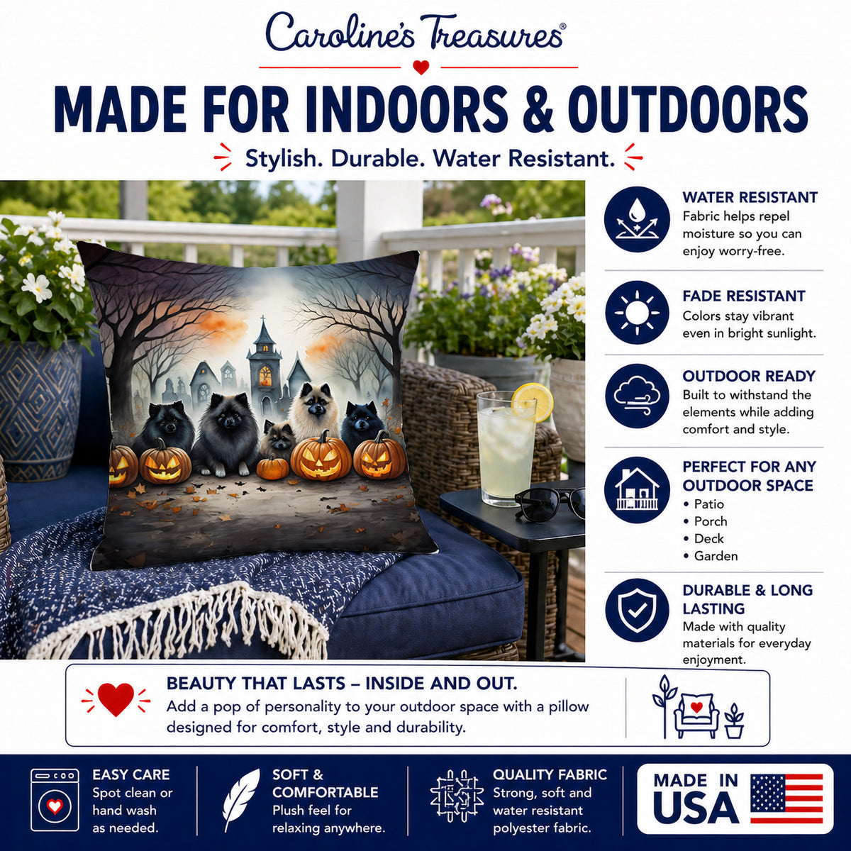 Caroline's Treasures DAC2046PW1818 Keeshond Spooky Halloween Fabric Decorative Pillow Machine Washable, Indoor Outdoor Decorative Pillow for Couch, Bed or Patio, 18Hx18W
