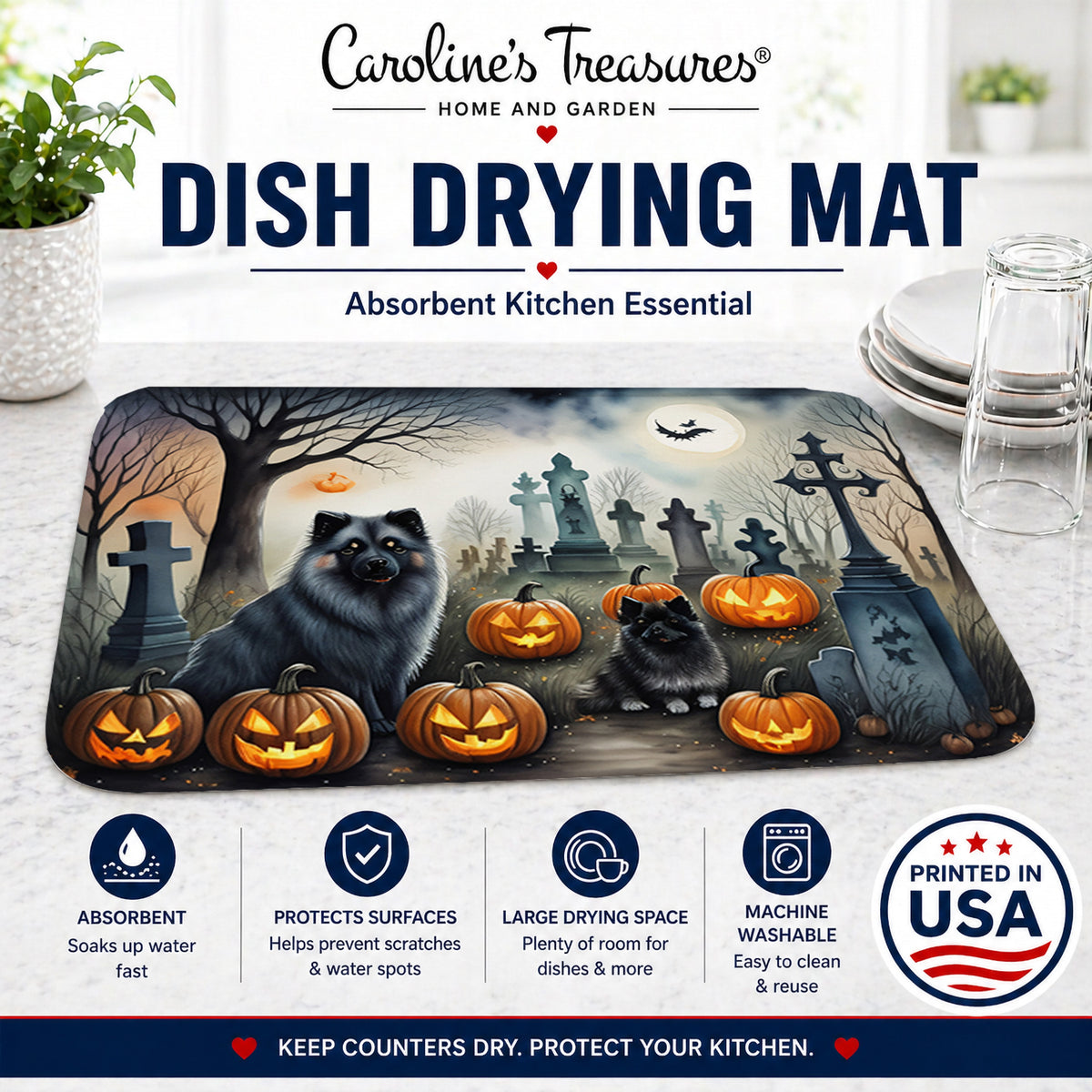 Caroline's Treasures DAC2047DDM Keeshond Spooky Halloween Dish Drying Mat Absorbent Dish Drying Mat Pad for Kitchen Counter Dish Drainer Mat for Countertop, 14 x 21, Multicolor