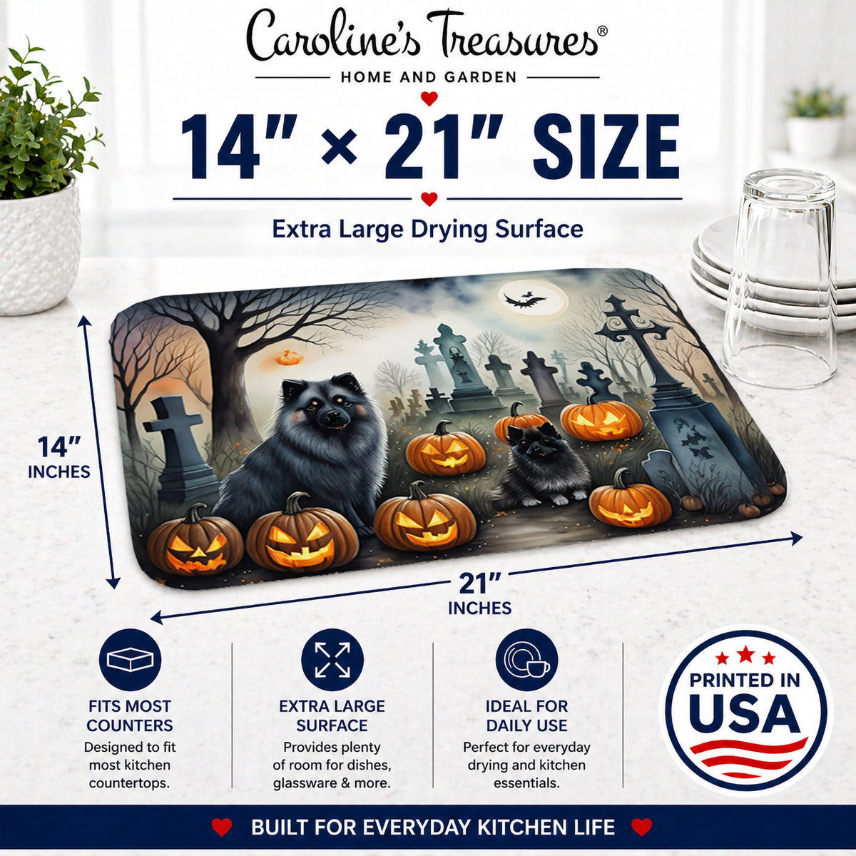 Caroline's Treasures DAC2047DDM Keeshond Spooky Halloween Dish Drying Mat Absorbent Dish Drying Mat Pad for Kitchen Counter Dish Drainer Mat for Countertop, 14 x 21, Multicolor