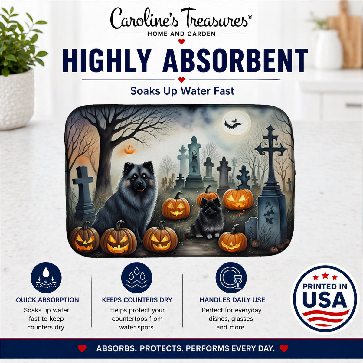 Caroline's Treasures DAC2047DDM Keeshond Spooky Halloween Dish Drying Mat Absorbent Dish Drying Mat Pad for Kitchen Counter Dish Drainer Mat for Countertop, 14 x 21, Multicolor