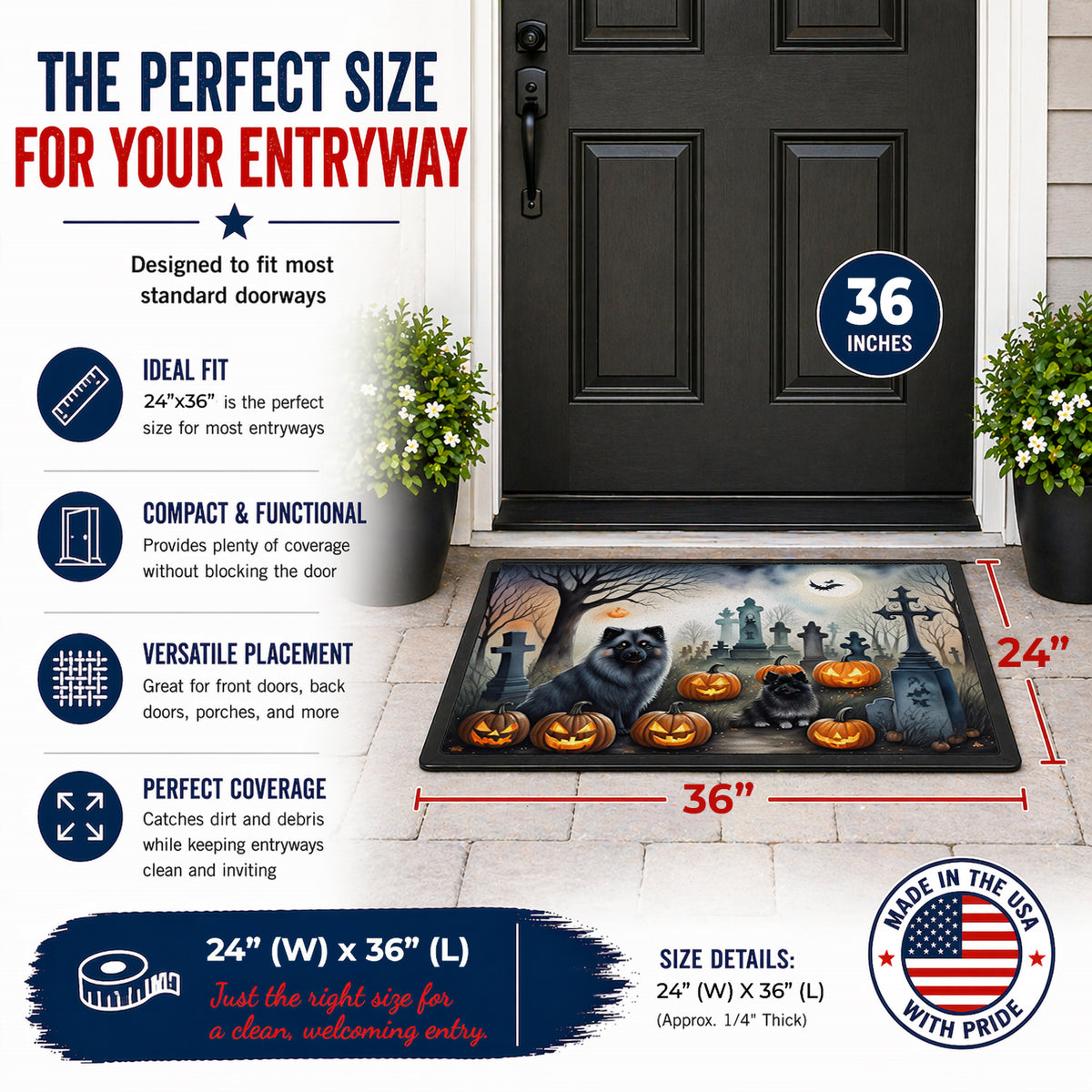 Caroline's Treasures DAC2047JMAT Keeshond Spooky Halloween Indoor or Outdoor Mat 24x36 Front Door Mat Indoor Outdoor Rugs for Entryway, Non Slip Washable Low Pile, 24H X 36W