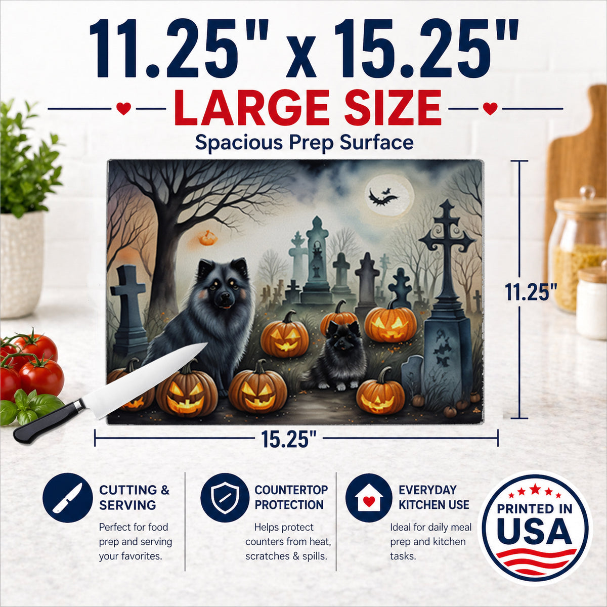 Caroline's Treasures DAC2047LCB Keeshond Spooky Halloween Glass Cutting Board Large Decorative Tempered Glass Kitchen Cutting and Serving Board Large Size Chopping Board