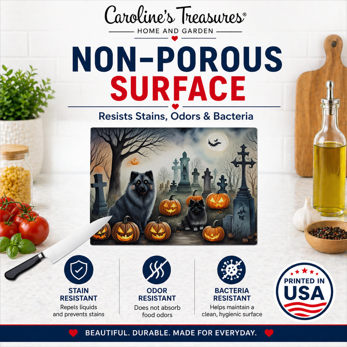 Caroline's Treasures DAC2047LCB Keeshond Spooky Halloween Glass Cutting Board Large Decorative Tempered Glass Kitchen Cutting and Serving Board Large Size Chopping Board