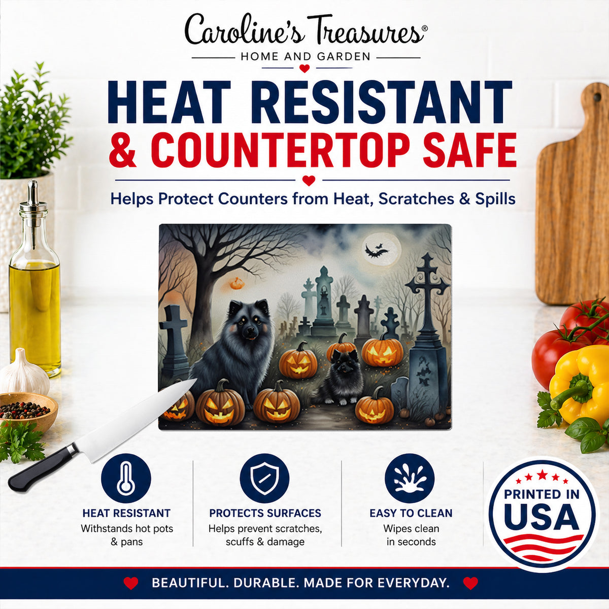 Caroline's Treasures DAC2047LCB Keeshond Spooky Halloween Glass Cutting Board Large Decorative Tempered Glass Kitchen Cutting and Serving Board Large Size Chopping Board