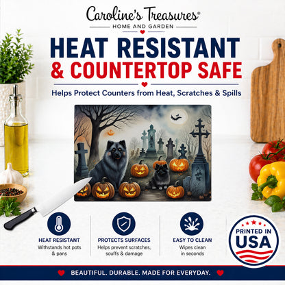 Caroline's Treasures DAC2047LCB Keeshond Spooky Halloween Glass Cutting Board Large Decorative Tempered Glass Kitchen Cutting and Serving Board Large Size Chopping Board