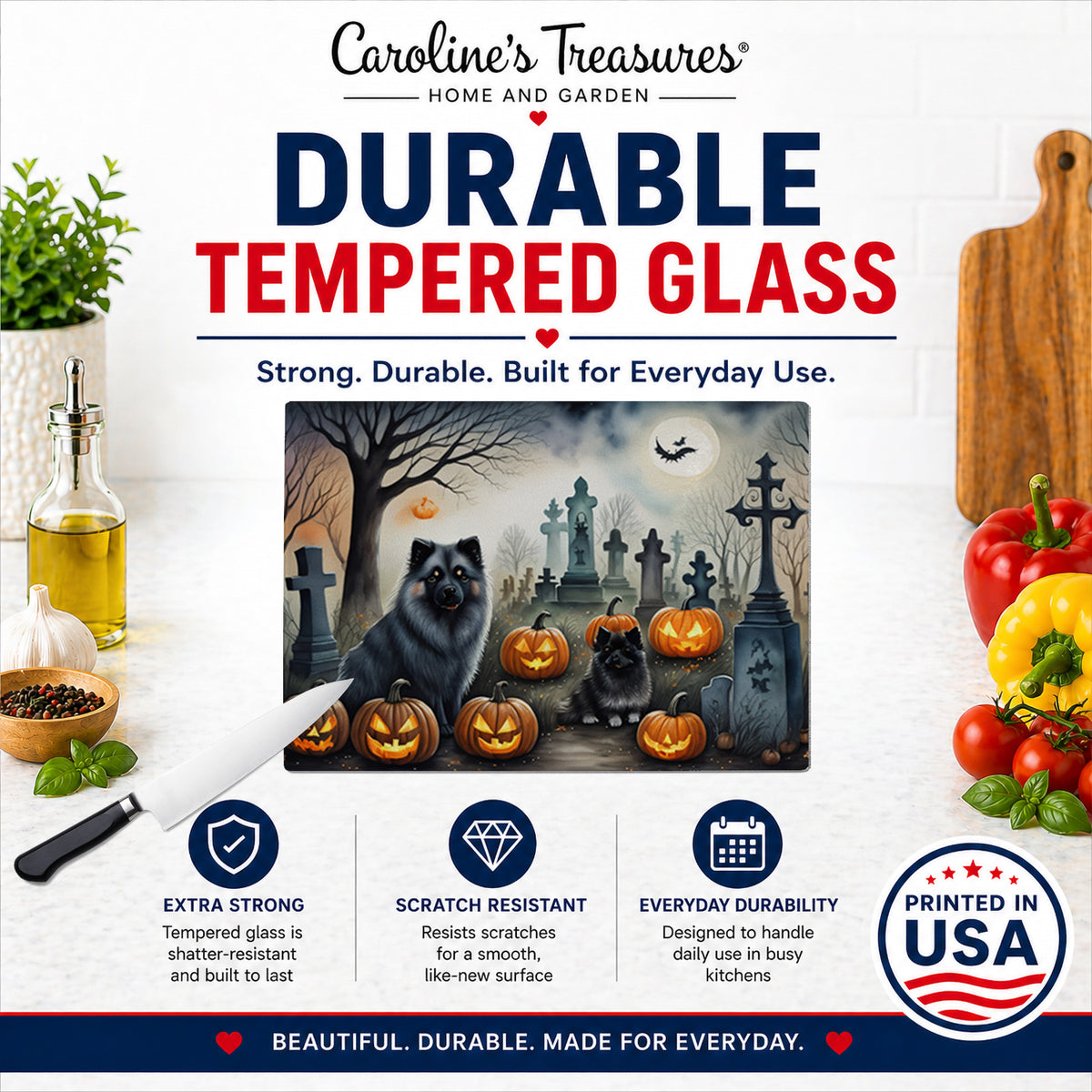 Caroline's Treasures DAC2047LCB Keeshond Spooky Halloween Glass Cutting Board Large Decorative Tempered Glass Kitchen Cutting and Serving Board Large Size Chopping Board