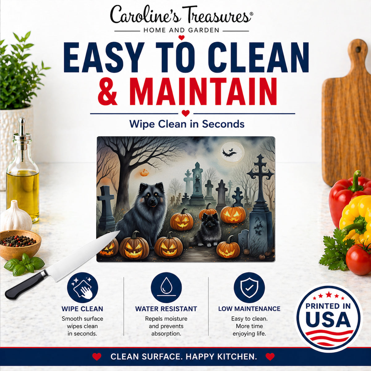 Caroline's Treasures DAC2047LCB Keeshond Spooky Halloween Glass Cutting Board Large Decorative Tempered Glass Kitchen Cutting and Serving Board Large Size Chopping Board