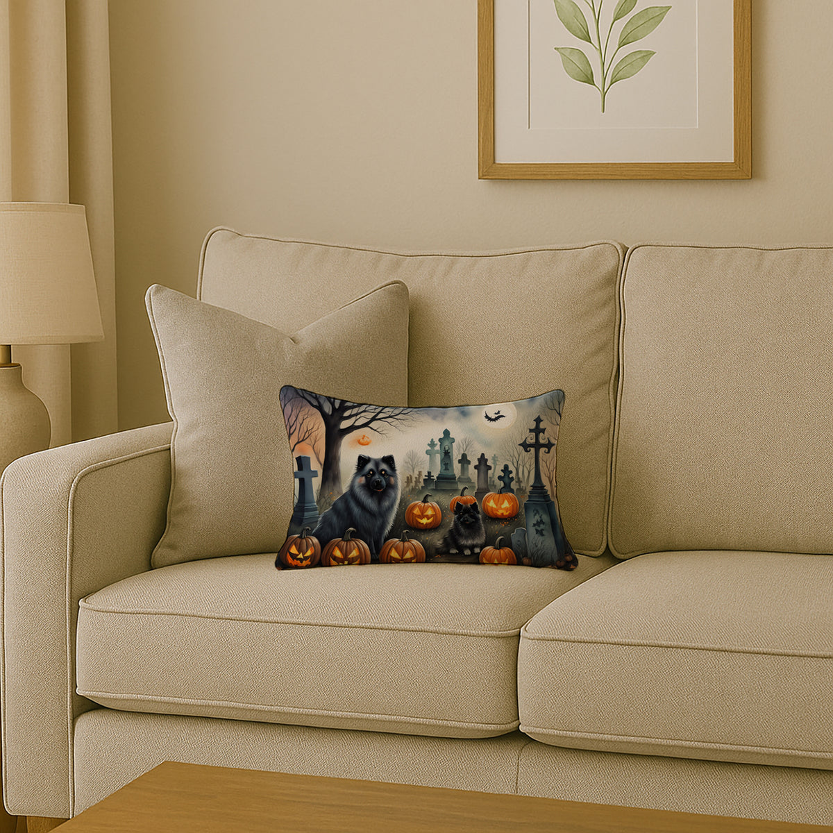 Caroline's Treasures DAC2047PW1216 Keeshond Spooky Halloween Fabric Decorative Pillow Machine Washable, Indoor Outdoor Decorative Pillow for Couch, Bed or Patio, 12HX16W
