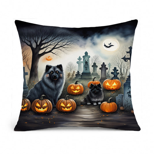 Caroline's Treasures DAC2047PW1414 Keeshond Spooky Halloween Fabric Decorative Pillow Machine Washable, Indoor Outdoor Decorative Pillow for Couch, Bed or Patio, 14Hx14W