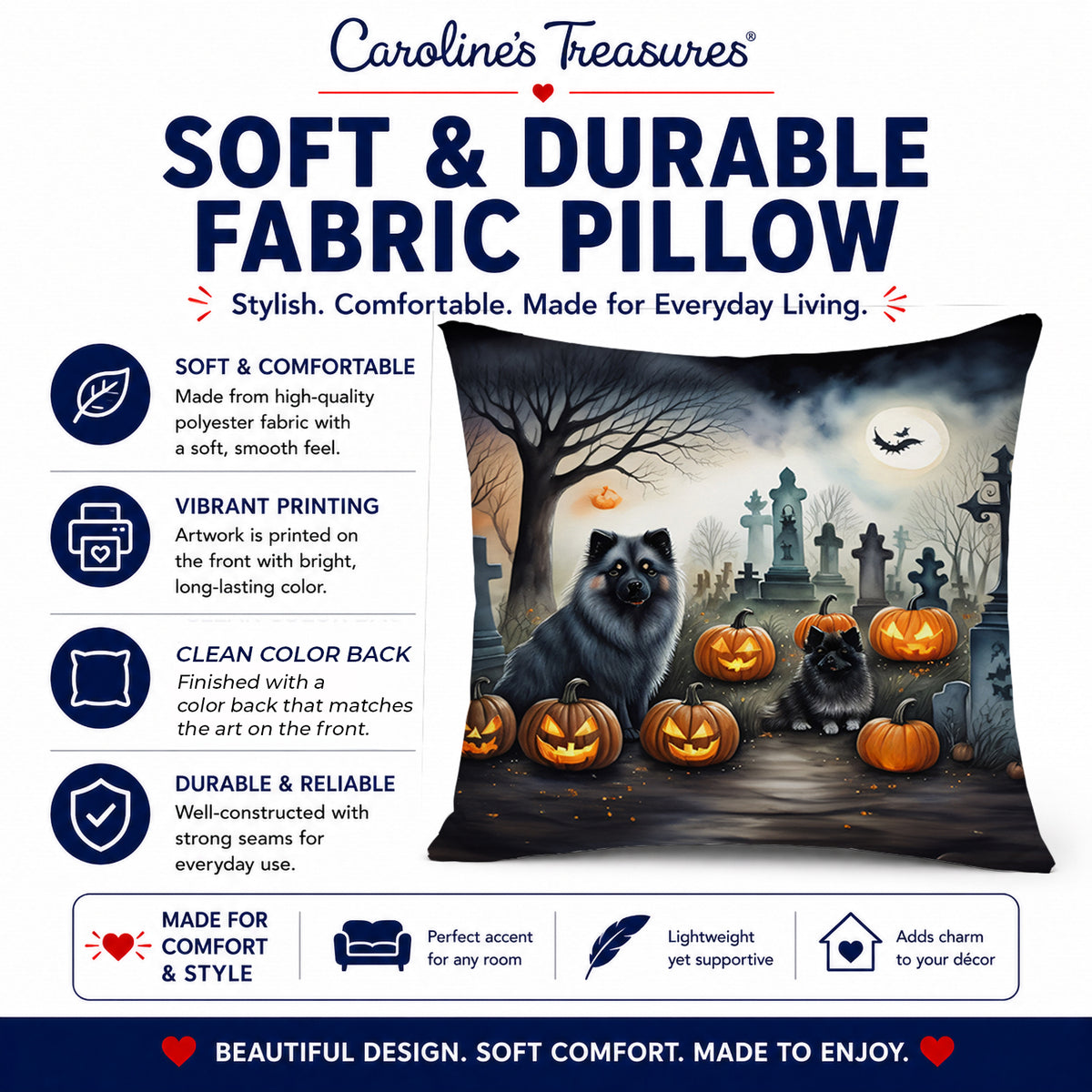 Caroline's Treasures DAC2047PW1414 Keeshond Spooky Halloween Fabric Decorative Pillow Machine Washable, Indoor Outdoor Decorative Pillow for Couch, Bed or Patio, 14Hx14W