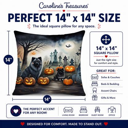 Caroline's Treasures DAC2047PW1414 Keeshond Spooky Halloween Fabric Decorative Pillow Machine Washable, Indoor Outdoor Decorative Pillow for Couch, Bed or Patio, 14Hx14W