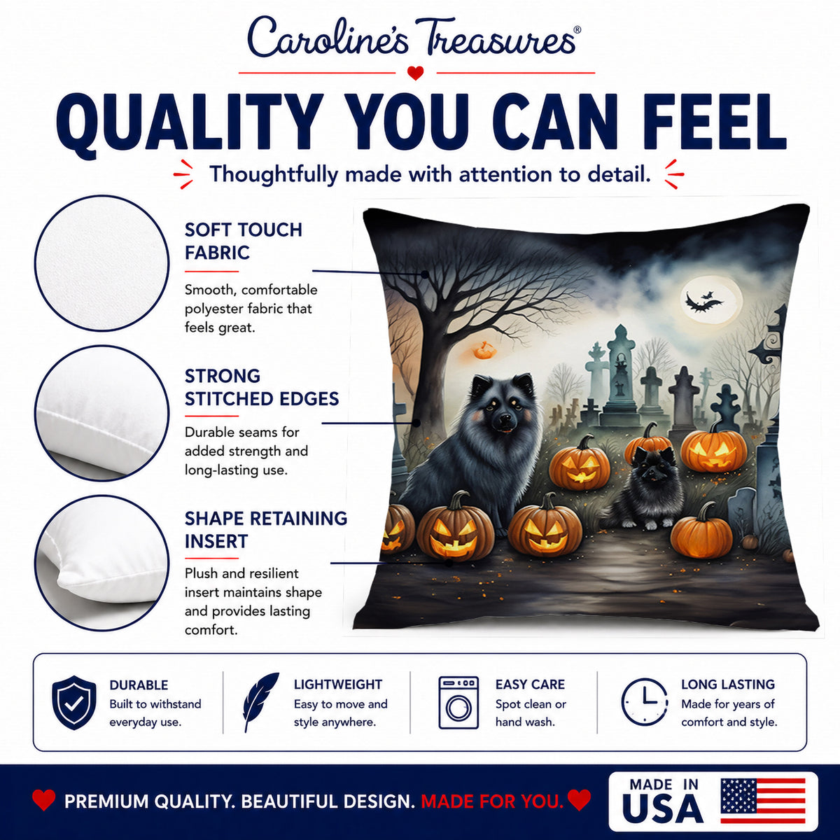 Caroline's Treasures DAC2047PW1414 Keeshond Spooky Halloween Fabric Decorative Pillow Machine Washable, Indoor Outdoor Decorative Pillow for Couch, Bed or Patio, 14Hx14W