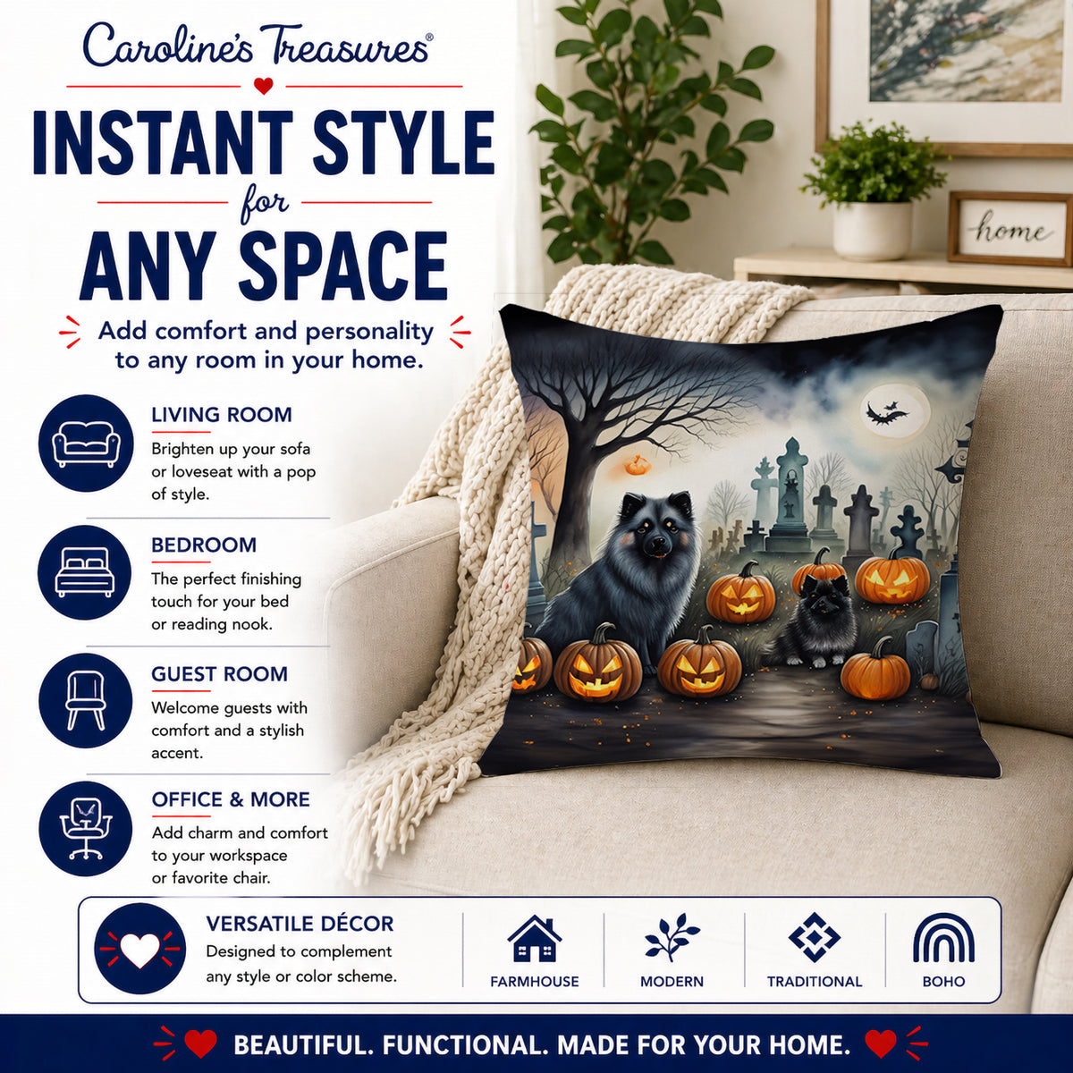 Caroline's Treasures DAC2047PW1414 Keeshond Spooky Halloween Fabric Decorative Pillow Machine Washable, Indoor Outdoor Decorative Pillow for Couch, Bed or Patio, 14Hx14W