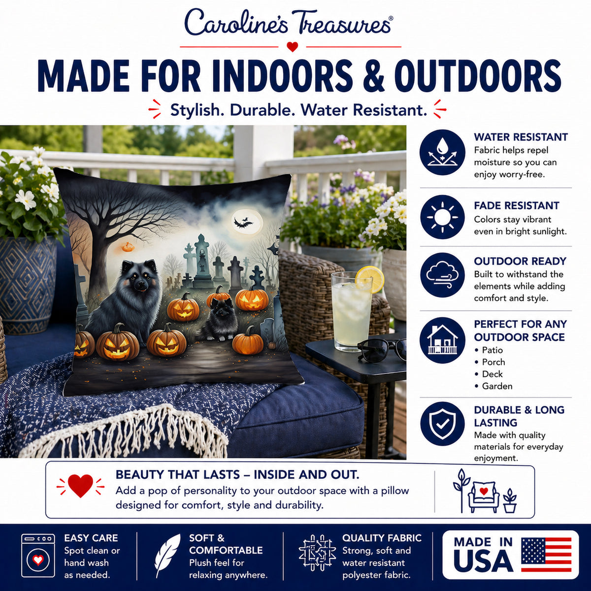 Caroline's Treasures DAC2047PW1414 Keeshond Spooky Halloween Fabric Decorative Pillow Machine Washable, Indoor Outdoor Decorative Pillow for Couch, Bed or Patio, 14Hx14W