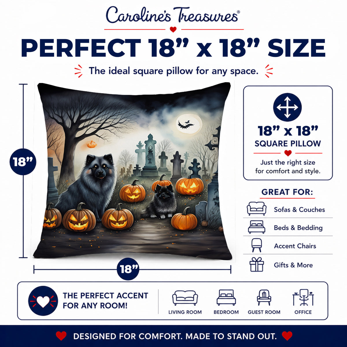 Caroline's Treasures DAC2047PW1818 Keeshond Spooky Halloween Fabric Decorative Pillow Machine Washable, Indoor Outdoor Decorative Pillow for Couch, Bed or Patio, 18Hx18W