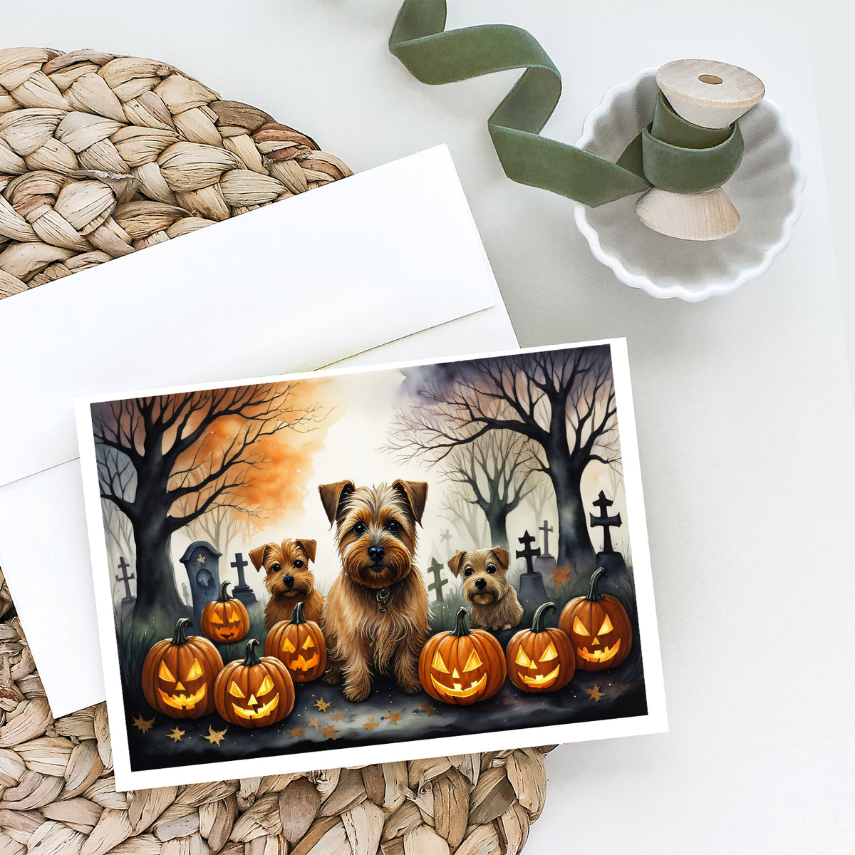 Caroline's Treasures DAC2048GCA7P Norfolk Terrier Spooky Halloween Greeting Cards and Envelopes Pack of 8 Blank Cards with Envelopes Whimsical A7 Size 5x7 Blank Greeting Cards