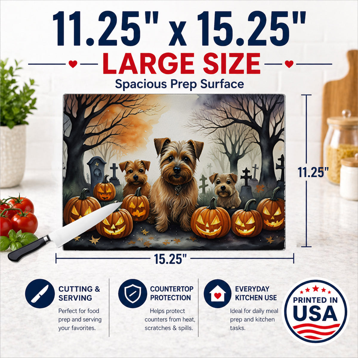 Caroline's Treasures DAC2048LCB Norfolk Terrier Spooky Halloween Glass Cutting Board Large Decorative Tempered Glass Kitchen Cutting and Serving Board Large Size Chopping Board