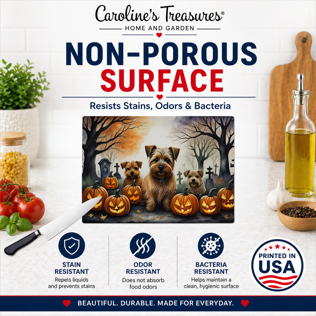 Caroline's Treasures DAC2048LCB Norfolk Terrier Spooky Halloween Glass Cutting Board Large Decorative Tempered Glass Kitchen Cutting and Serving Board Large Size Chopping Board