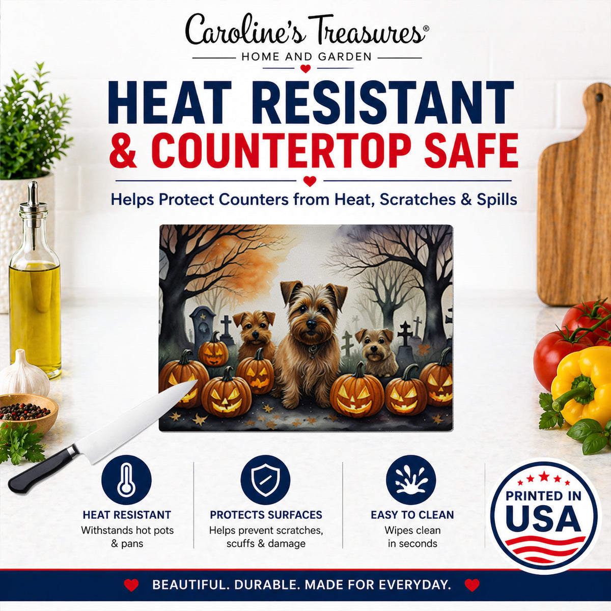 Caroline's Treasures DAC2048LCB Norfolk Terrier Spooky Halloween Glass Cutting Board Large Decorative Tempered Glass Kitchen Cutting and Serving Board Large Size Chopping Board