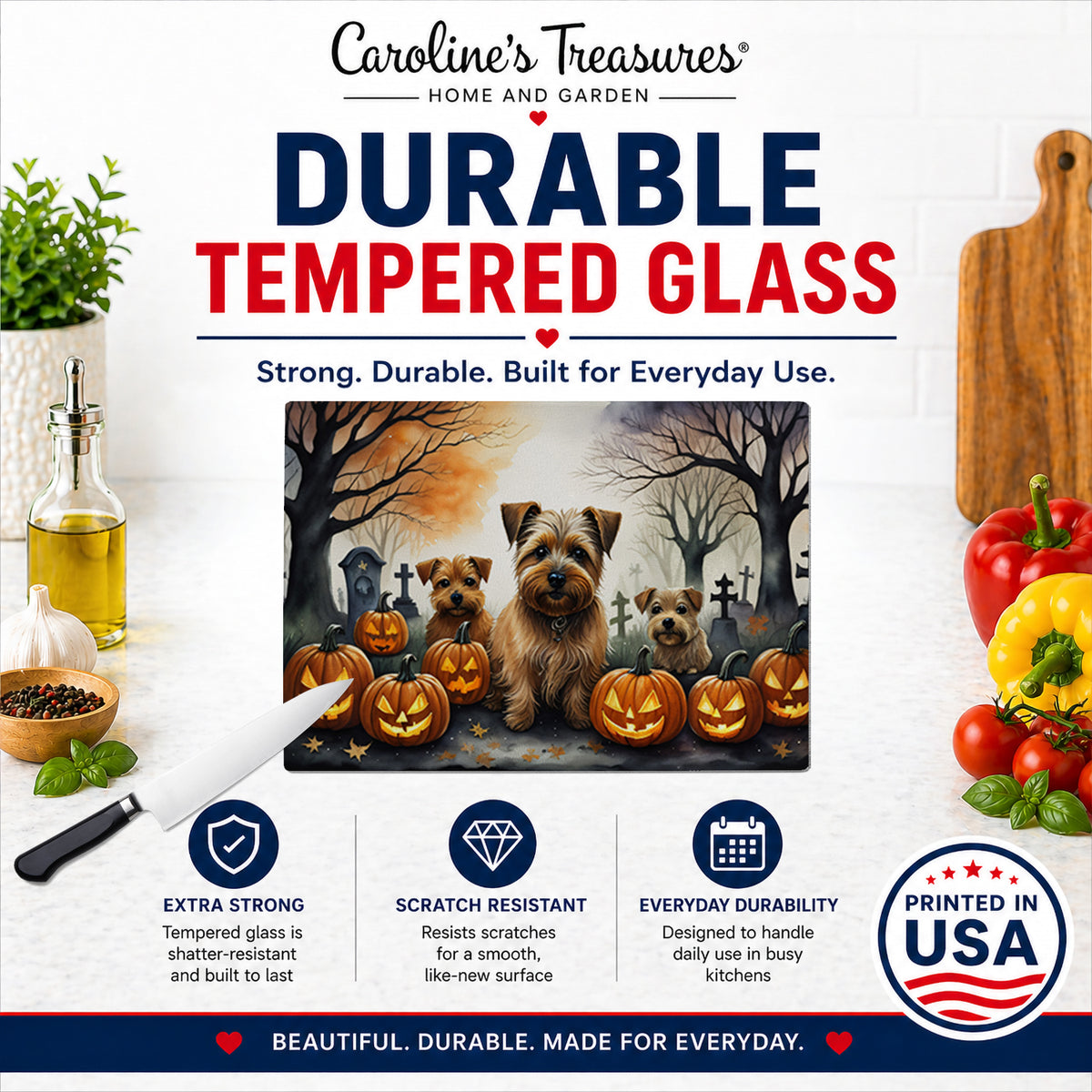Caroline's Treasures DAC2048LCB Norfolk Terrier Spooky Halloween Glass Cutting Board Large Decorative Tempered Glass Kitchen Cutting and Serving Board Large Size Chopping Board