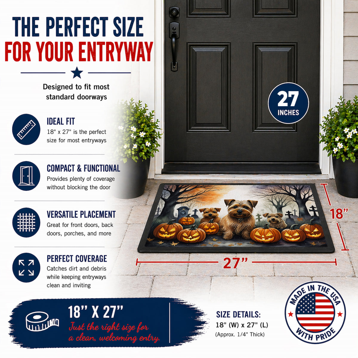 Caroline's Treasures DAC2048MAT Norfolk Terrier Spooky Halloween Doormat 18x27 Front Door Mat Indoor Outdoor Rugs for Entryway, Non Slip Washable Low Pile, 18H X 27W