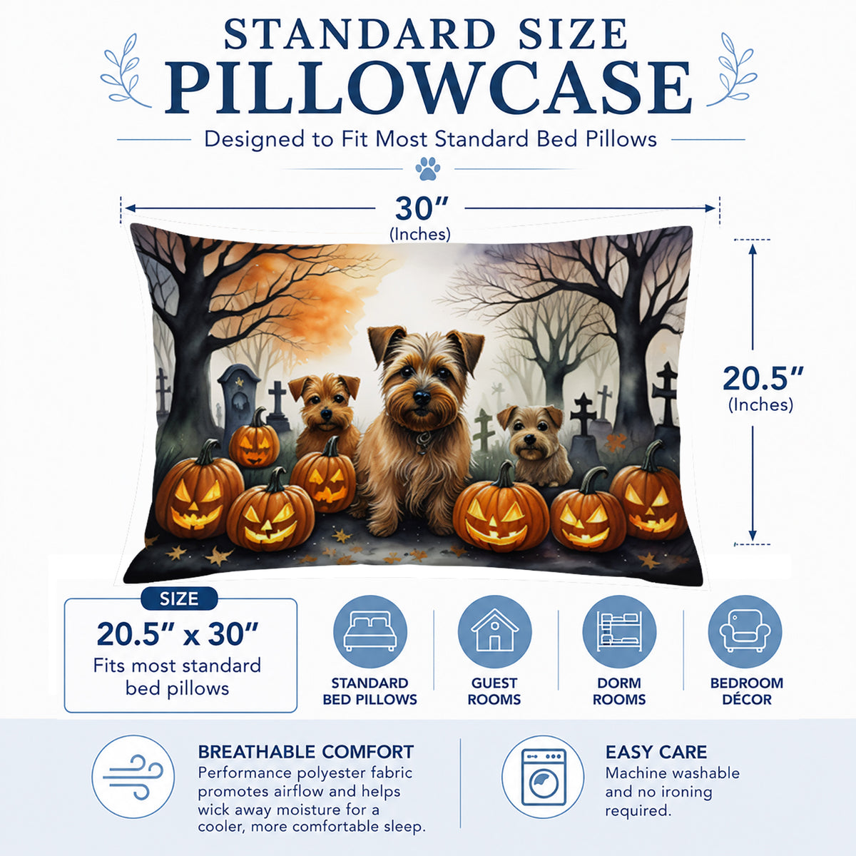 Caroline's Treasures DAC2048PILLOWCASE Norfolk Terrier Spooky Halloween Fabric Standard Pillowcase Lightweight Super Soft Easy Care Decorative Artwork Pillowcase, Standard
