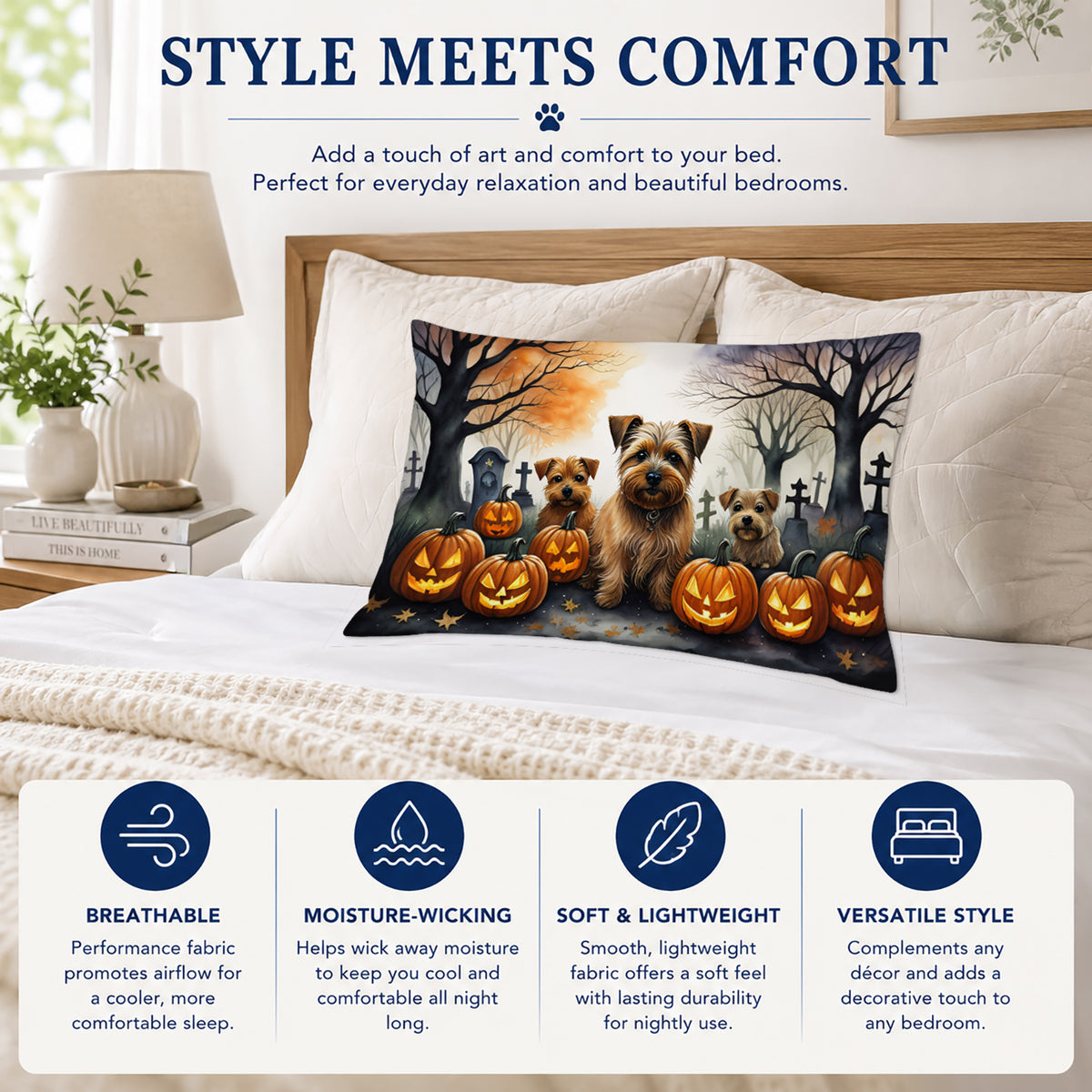 Caroline's Treasures DAC2048PILLOWCASE Norfolk Terrier Spooky Halloween Fabric Standard Pillowcase Lightweight Super Soft Easy Care Decorative Artwork Pillowcase, Standard