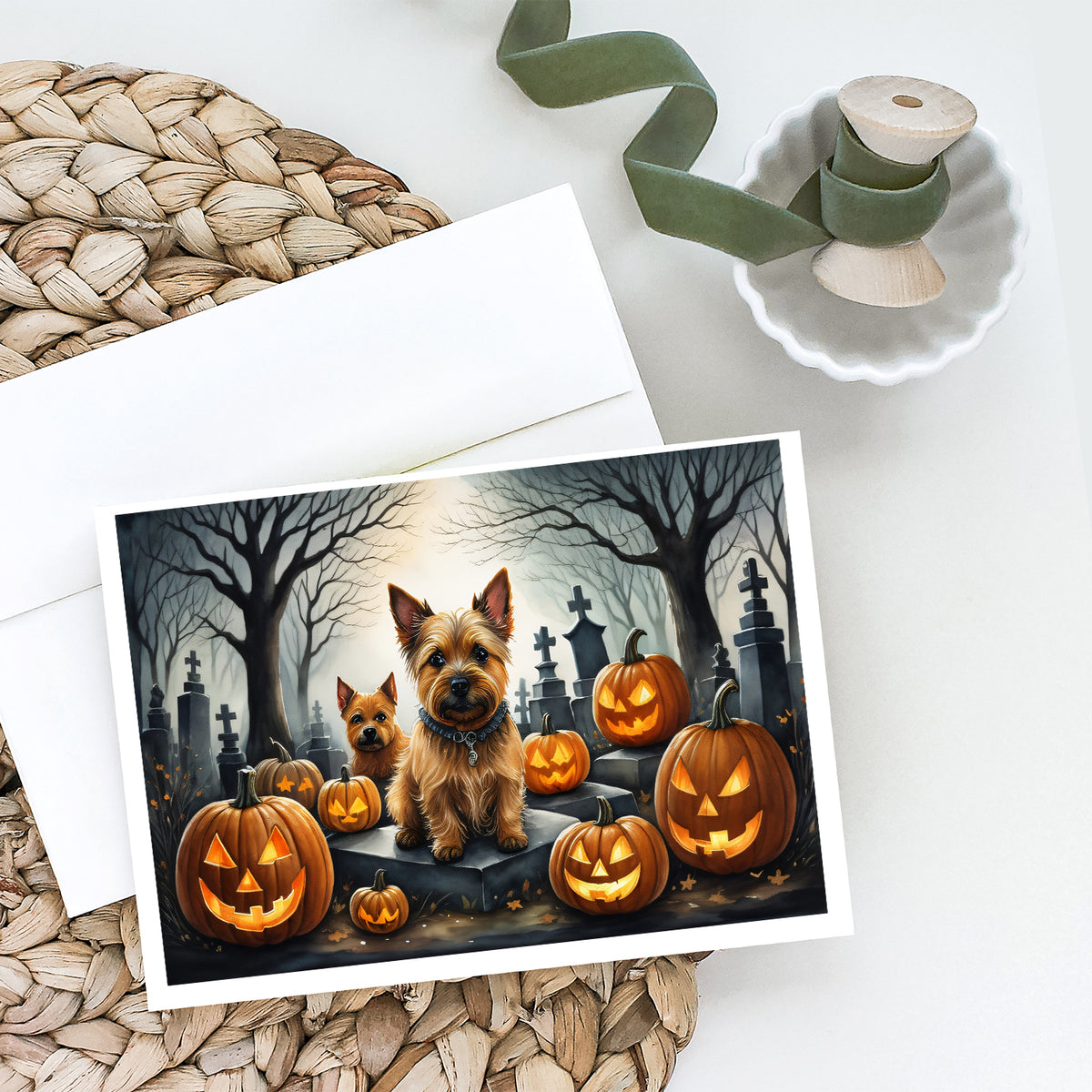 Caroline's Treasures DAC2049GCA7P Norwich Terrier Spooky Halloween Greeting Cards and Envelopes Pack of 8 Blank Cards with Envelopes Whimsical A7 Size 5x7 Blank Greeting Cards