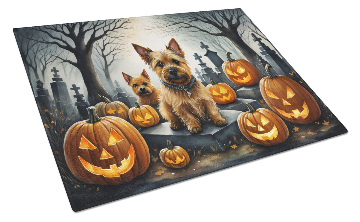 Caroline's Treasures DAC2049LCB Norwich Terrier Spooky Halloween Glass Cutting Board Large Decorative Tempered Glass Kitchen Cutting and Serving Board Large Size Chopping Board