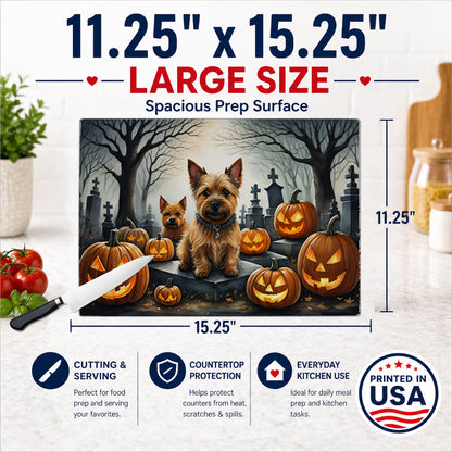 Caroline's Treasures DAC2049LCB Norwich Terrier Spooky Halloween Glass Cutting Board Large Decorative Tempered Glass Kitchen Cutting and Serving Board Large Size Chopping Board