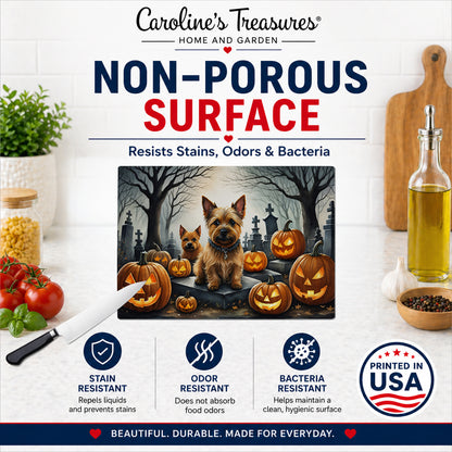 Caroline's Treasures DAC2049LCB Norwich Terrier Spooky Halloween Glass Cutting Board Large Decorative Tempered Glass Kitchen Cutting and Serving Board Large Size Chopping Board