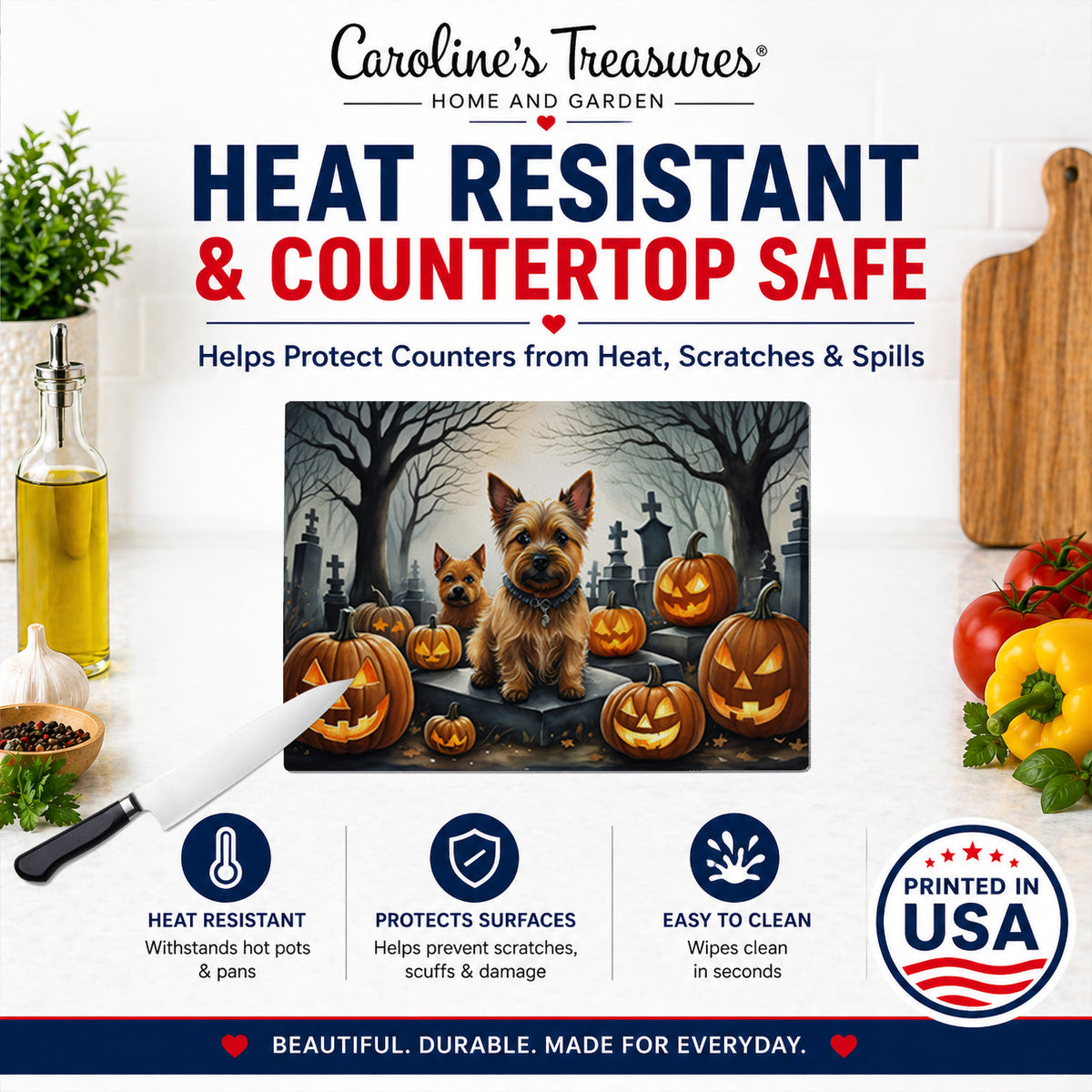 Caroline's Treasures DAC2049LCB Norwich Terrier Spooky Halloween Glass Cutting Board Large Decorative Tempered Glass Kitchen Cutting and Serving Board Large Size Chopping Board