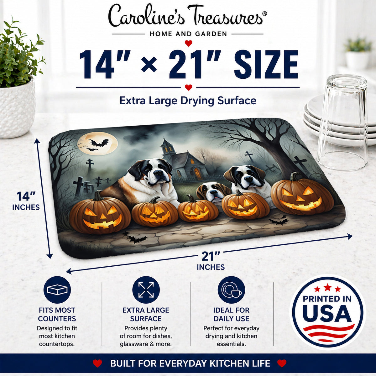 Caroline's Treasures DAC2050DDM Saint Bernard Spooky Halloween Dish Drying Mat Absorbent Dish Drying Mat Pad for Kitchen Counter Dish Drainer Mat for Countertop, 14 x 21, Multicolor