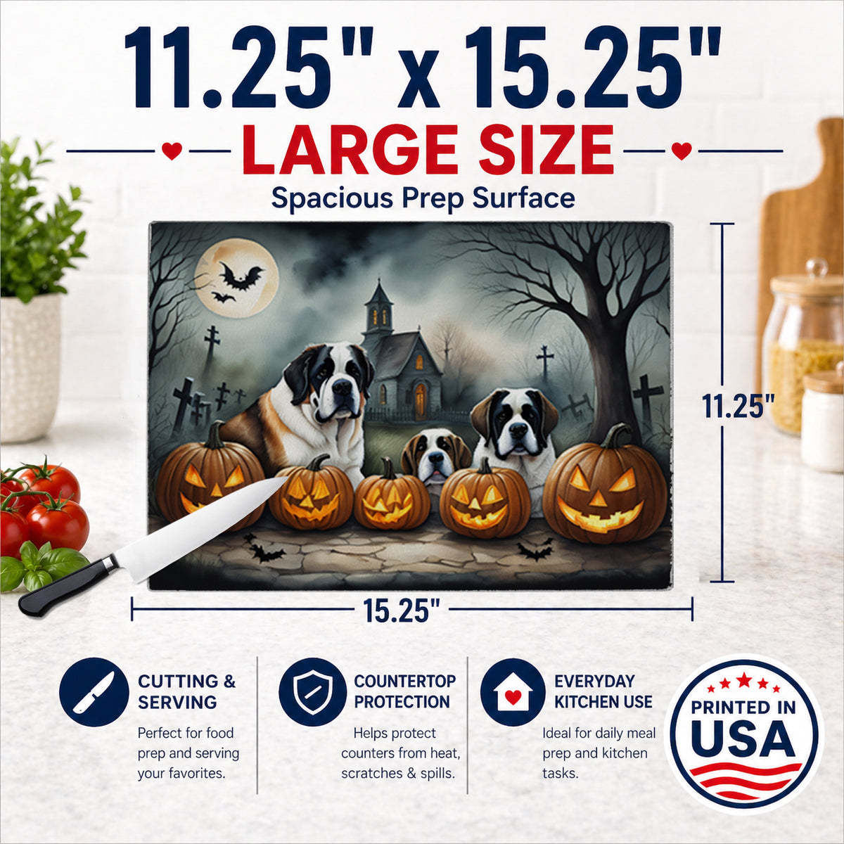 Caroline's Treasures DAC2050LCB Saint Bernard Spooky Halloween Glass Cutting Board Large Decorative Tempered Glass Kitchen Cutting and Serving Board Large Size Chopping Board