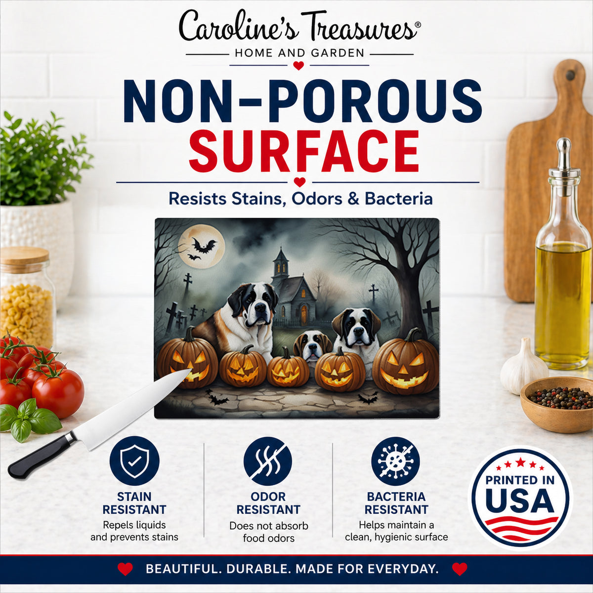 Caroline's Treasures DAC2050LCB Saint Bernard Spooky Halloween Glass Cutting Board Large Decorative Tempered Glass Kitchen Cutting and Serving Board Large Size Chopping Board