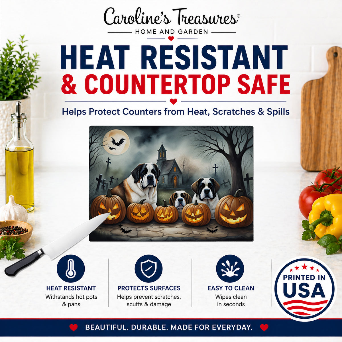 Caroline's Treasures DAC2050LCB Saint Bernard Spooky Halloween Glass Cutting Board Large Decorative Tempered Glass Kitchen Cutting and Serving Board Large Size Chopping Board