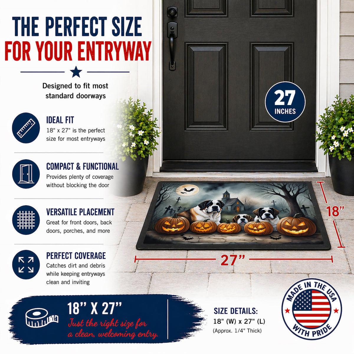 Caroline's Treasures DAC2050MAT Saint Bernard Spooky Halloween Doormat 18x27 Front Door Mat Indoor Outdoor Rugs for Entryway, Non Slip Washable Low Pile, 18H X 27W