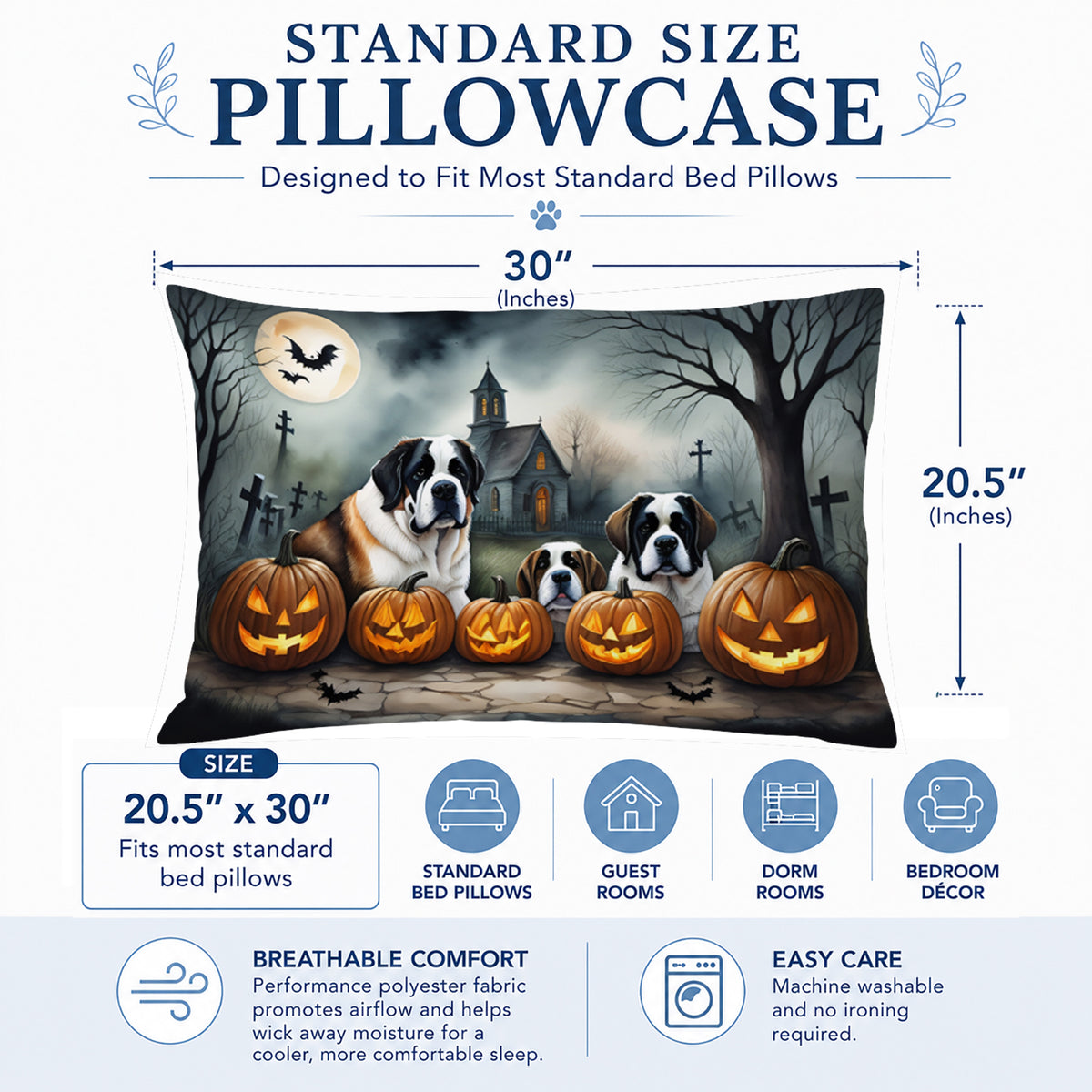 Caroline's Treasures DAC2050PILLOWCASE Saint Bernard Spooky Halloween Fabric Standard Pillowcase Lightweight Super Soft Easy Care Decorative Artwork Pillowcase, Standard