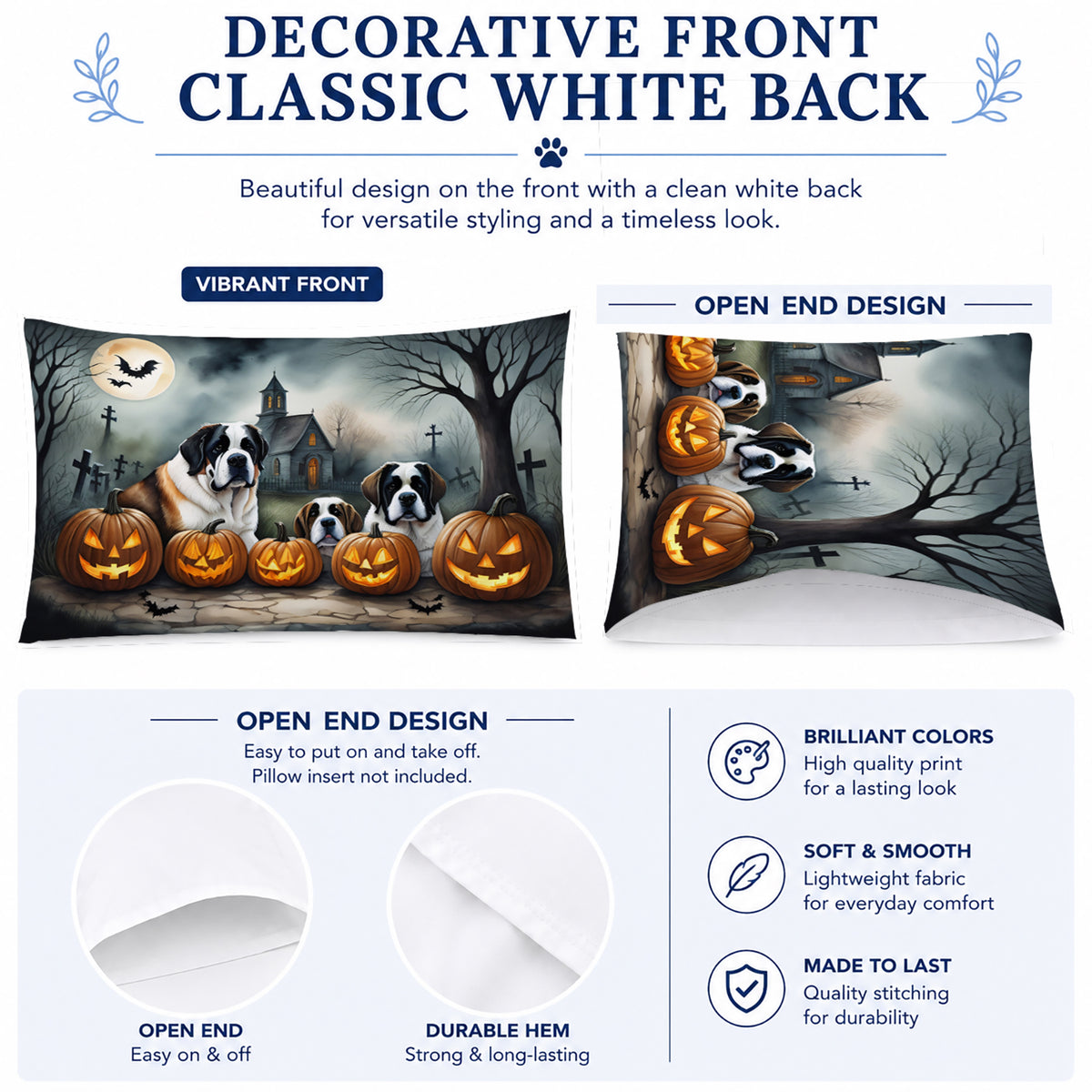 Caroline's Treasures DAC2050PILLOWCASE Saint Bernard Spooky Halloween Fabric Standard Pillowcase Lightweight Super Soft Easy Care Decorative Artwork Pillowcase, Standard