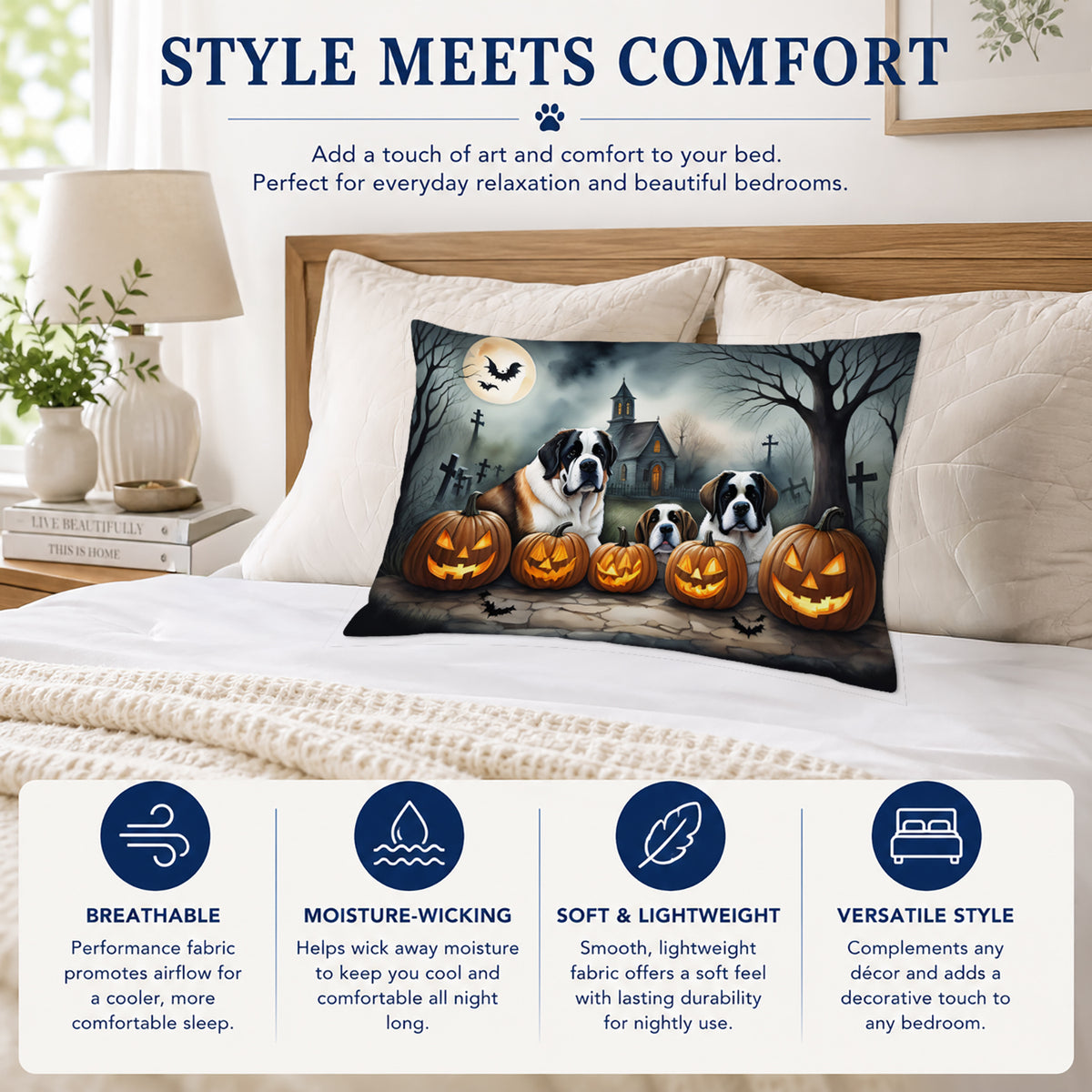 Caroline's Treasures DAC2050PILLOWCASE Saint Bernard Spooky Halloween Fabric Standard Pillowcase Lightweight Super Soft Easy Care Decorative Artwork Pillowcase, Standard